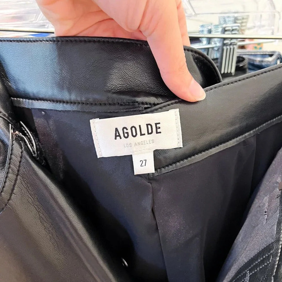 Agolde Black Leather Broken Waist Straight Leg High Waist Wrapped Pants 27 - Picture 8 of 9